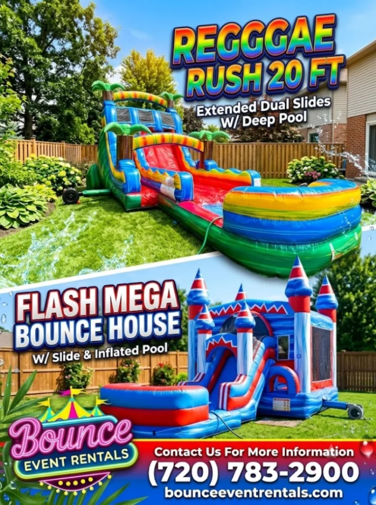 Reggae Rush Extended Dual Slides Deep Pool And Flash Mega Bounce House Slide Inflated Pool rental for Greenwood Village CO events in ZIP codes 80111 and 80121